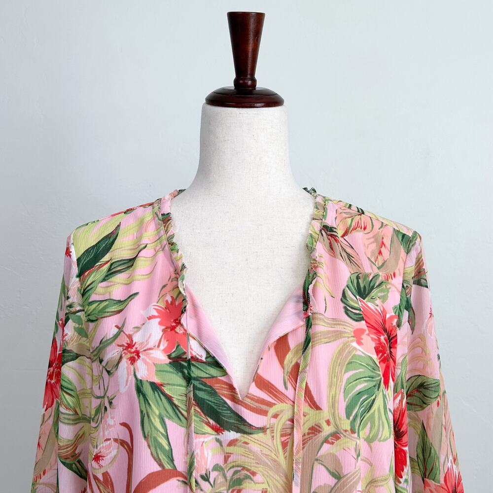 J. Jill Tropical Paradise Floral Pink Bell Sleeve Crinkle Crepe Tunic Blouse NWT - Picture 4 of 10